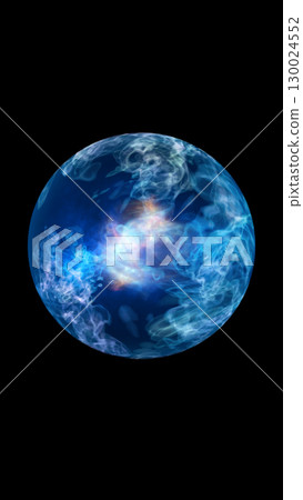 Glowing blue energy sphere with swirling light patterns and mist against a black background Glowing blue energy sphere with swirling light patterns and mist against a black background 130024552