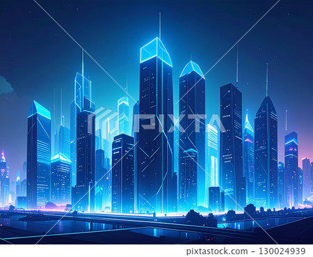 A cityscape of a fantastical, cyber-style building in a futuristic city illuminated by blue neon lights floating in the night sky 130024939