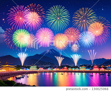 A beautiful Japanese festival scene with large, seven-colored fireworks lighting up the summer night sky 130025068