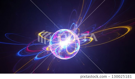 Atomic nucleus glowing with colorful particle orbits. Atomic nucleus glowing with colorful particle orbits. 130025181