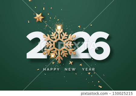 2026 Happy New Year text with golden snowflake on green background 130025215