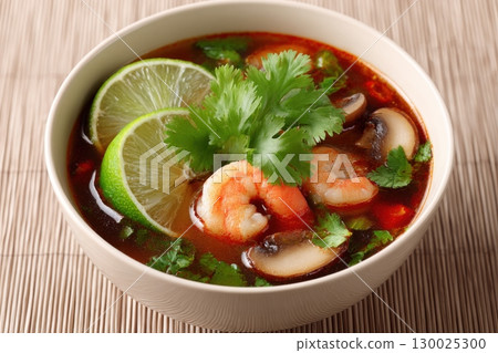 Bowl of Tom Yum Shrimp and Mushroom hot soup, garnished with fresh coriander leaves, herbs, lime slices, chili peppers. Beige table background, chopsticks pair. Traditional Thai Prawn Tom Yum Soup. Bowl of Tom Yum Shrimp and Mushroom hot soup, garnished with fresh coriander leaves, herbs, lime slices, chili peppers. Beige table background, chopsticks pair. Traditional Thai Prawn Tom Yum Soup. 130025300