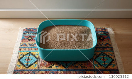 Cat litter box filled with white-gray litter with blue particles. Clumping cat in home background. Clean teal blue pet litter box placed on a rug carpet. Cleanliness concept. Cat toilet. Pets hygiene 130025312