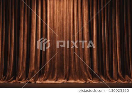 Closed maroon red curtain of stage with spotlight before show. Art performance background. Velvet curtain with arch entrance. Theatre. Nightclub cabaret show. Presentation of classic luxurious work 130025330