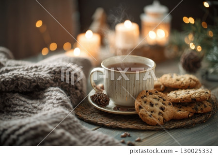 Cozy Coffee Setting. Candles and Warm Knit Blanket for Comfort. Winter still life. White ceramic cup, candlelight. Hot beverage, cookies on a table. Christmas home. Woolen knitted sweater, burn candle 130025332