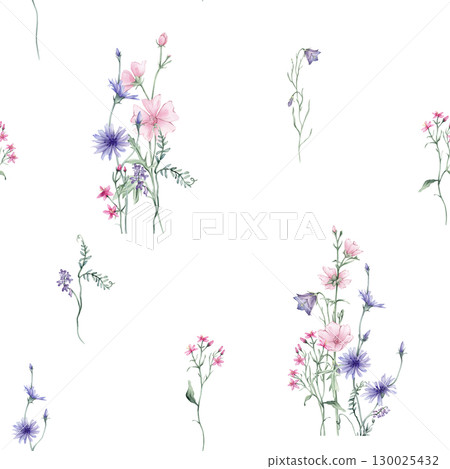 Watercolor seamless pattern with wildflowers on white background - illustration with pink blue purple buds and branches. Prints with Herbs, Marshmallow flowers, bluebell and chicory 130025432