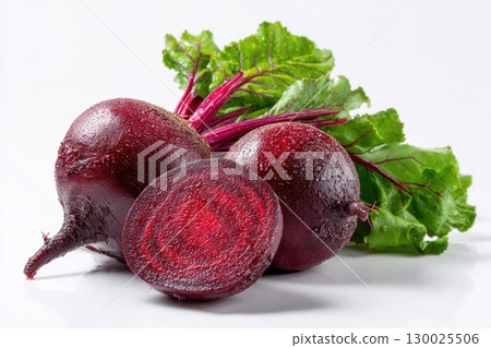Beets. Whole beetroot bunch with stems and leaves isolated on white background. Rural style composition with beet harvest. Vegetable farmer's market ad. Pile of homegrown organic fresh harvested beet. Beets. Whole beetroot bunch with stems and leaves isolated on white background. Rural style composition with beet harvest. Vegetable farmer's market ad. Pile of homegrown organic fresh harvested beet. 130025506