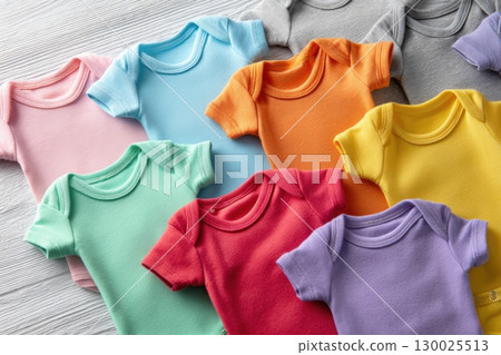 Baby onesie set. White wooden background. Fashion newborn clothes. Top view. Kids soft clothing. Infant trendy cotton bodysuit. Pastel color. Gender neutral. Variety stylish child wear sale. Kid dress 130025513