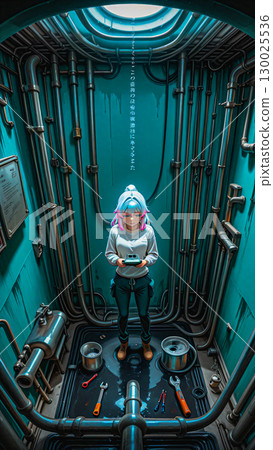 Cyberpunk mechanic in futuristic control room. Female character with pink hair stands in a futuristic control room, surrounded by metal pipes and industrial components. Cyberpunk mechanic in futuristic control room. Female character with pink hair stands in a futuristic control room, surrounded by metal pipes and industrial components. 130025536
