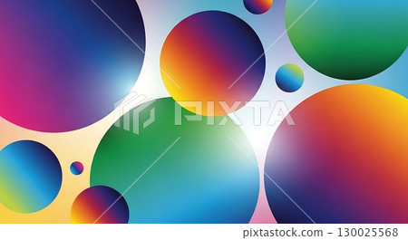 Playful rainbow spheres floating on a white backdrop. 130025568