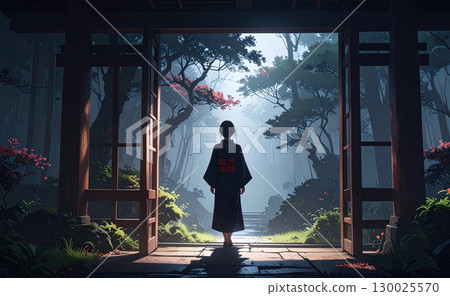 一位穿著和服的女子站在藍色森林裡 一位穿著和服的女子站在藍色森林裡 130025570