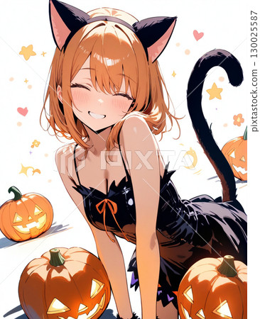Illustration of a girl dressed as a black cat for Halloween 130025587