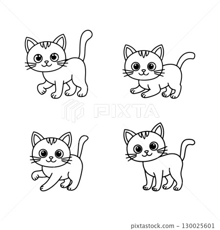 Cute cartoon kittens in playful poses, highlighting their charming features and unique expressions for children s activities 130025601