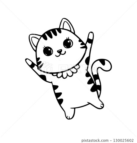 Cute cartoon cat character with playful pose and cheerful expression in black and white design 130025602