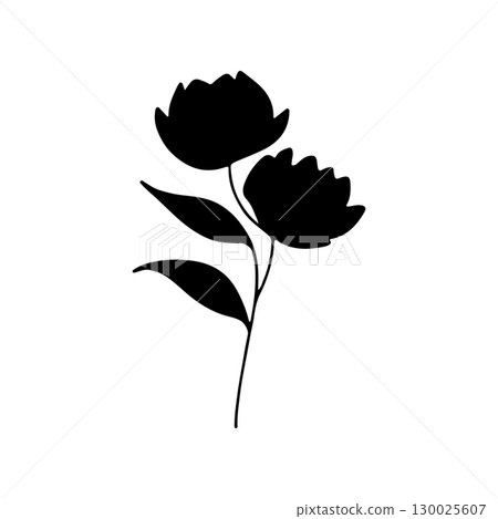 Black silhouette of two flowers with leaves against a plain background showcasing natural beauty and simplicity Black silhouette of two flowers with leaves against a plain background showcasing natural beauty and simplicity 130025607