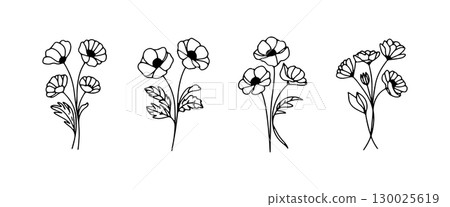 Floral illustrations showcasing various flower designs with intricate details and elegant lines on a plain background Floral illustrations showcasing various flower designs with intricate details and elegant lines on a plain background 130025619