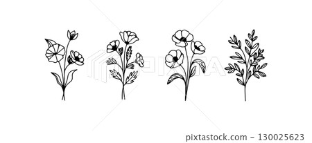 Floral illustrations showcasing a variety of plants in simple black line art on a white background 130025623