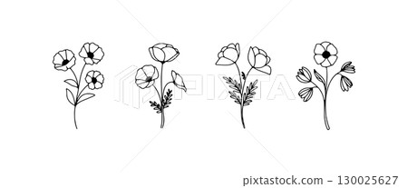 Floral illustrations featuring various flower designs with detailed line work on a white background 130025627