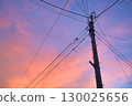 The sunset sky and the silhouette of utility poles and wires 130025656