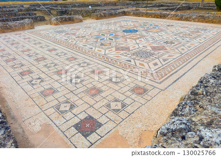 Close up view of ancient roman mosaic in the ruins of Clunia Sulpicia, Burgos, Castile and Leon 130025766