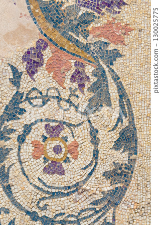 Close up view of ancient roman mosaic in the ruins of Clunia Sulpicia, Burgos, Castile and Leon 130025775