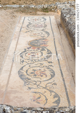 Close up view of ancient roman mosaic in the ruins of Clunia Sulpicia, Burgos, Castile and Leon 130025777