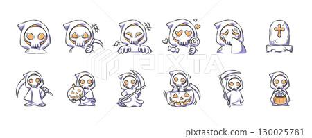 Set of halloween cute and spooky grim reaper character illustration . Hand drawn icon . Vector . 130025781