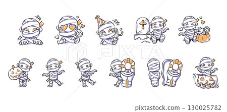 Set of halloween cute and spooky mummy character illustration . Hand drawn icon . Vector . Set of halloween cute and spooky mummy character illustration . Hand drawn icon . Vector . 130025782