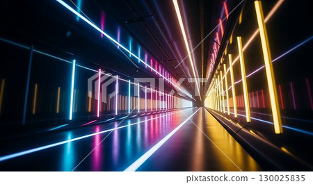 Futuristic glowing neon tunnel in vibrant colors. 130025835