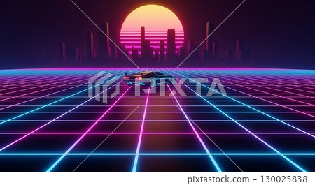 Retro neon sunset over a futuristic grid horizon. Retro neon sunset over a futuristic grid horizon. 130025838