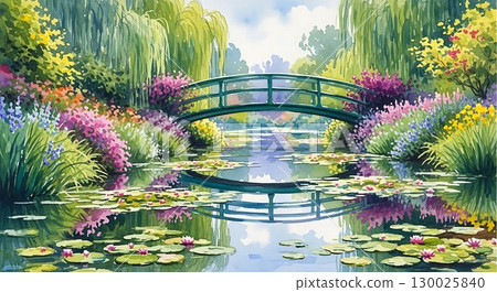 Tranquil garden with a small bridge over water. 130025840