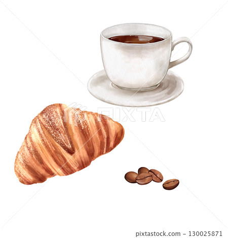 Hand-drawn illustration of a breakfast set including a croissant, a cup of coffee on a saucer, and coffee beans Hand-drawn illustration of a breakfast set including a croissant, a cup of coffee on a saucer, and coffee beans 130025871