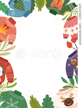 Festive Poster template featuring colorful Christmas sweaters with holiday designs, greenery, and snowflakes framing a white background with blank space. 130025925