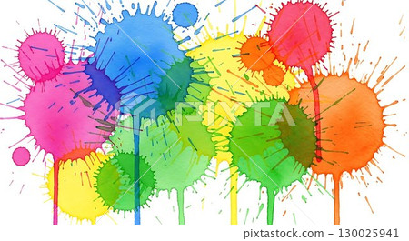 Splashes of vivid watercolor circles in rainbow tones on white. 130025941