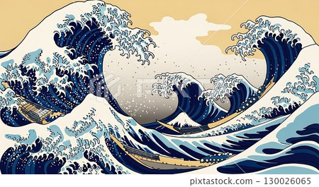 Iconic Japanese-style artwork of ocean wave. 130026065