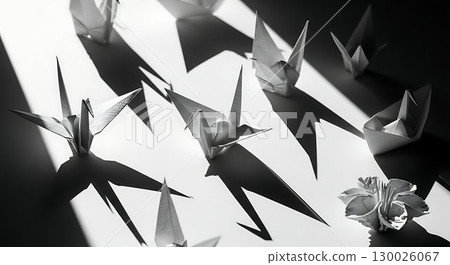 Origami cranes in grayscale with shadows. Origami cranes in grayscale with shadows. 130026067