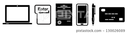 Set of Business objects, such as: laptop, keyboard Enter key, document, smart phone, business pen and credit card, on transparent background, flat line design, vector illustration Set of Business objects, such as: laptop, keyboard Enter key, document, smart phone, business pen and credit card, on transparent background, flat line design, vector illustration 130026089