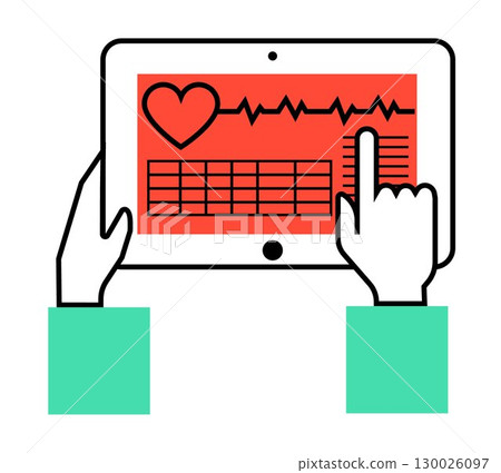 Hands holds a medical tablet pc icon, on transparent background, flat line design, vector illustration Hands holds a medical tablet pc icon, on transparent background, flat line design, vector illustration 130026097