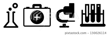 Set of medical tools icons, such as: medical glass, first aid bag, microscope and test tubes, on transparent background, flat line design, vector illustration 130026114