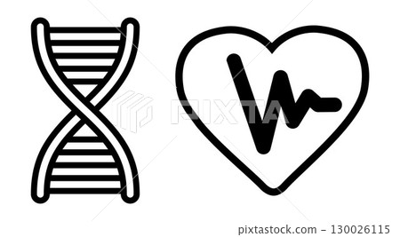 Set of Medical signs, such as: DNA model and heart with heartbeat pulse, on transparent background, flat line design, vector illustration 130026115