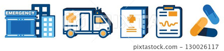 Set of Medical signs, such as: hospital building, ambulance, first aid, medical document and drug pills, on transparent background, flat line design, vector illustration 130026117