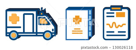 Set of Medical signs, such as: ambulance, first aid and medical document, on transparent background, flat line design, vector illustration 130026118