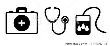Set of medical tools icons, such as: first aid bag, stethoscope and bolood tester, on transparent background, flat line design, vector illustration 130026121