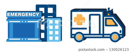 Set of Medical signs, such as: hospital building and ambulance, on transparent background, flat line design, vector illustration 130026123