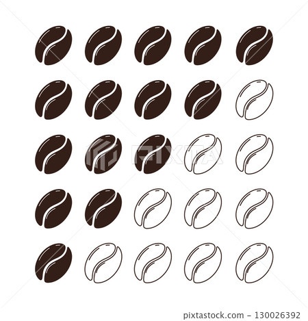 Coffee bean intensity roast level, strength light medium or dark scale. Set minimal indicator, coffee beans frying. Different brew. 130026392