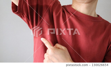 Person pointing at sweat stain under armpit Person pointing at sweat stain under armpit 130026654