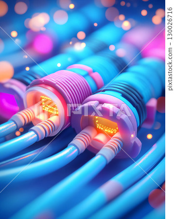 3D render of intertwined electric cables and glowing fiber optics. AI Generated. 130026716