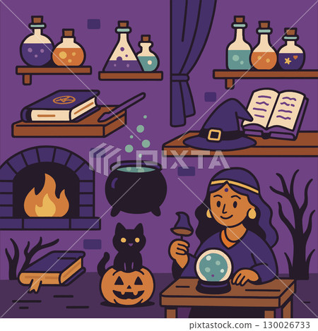 Witch crystal ball potion spell book cauldron black cat pumpkin fireplace magic 130026733