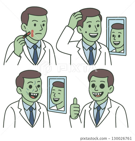 Man zombie suit mirror makeup transformation happy thumbs up Man zombie suit mirror makeup transformation happy thumbs up 130026761
