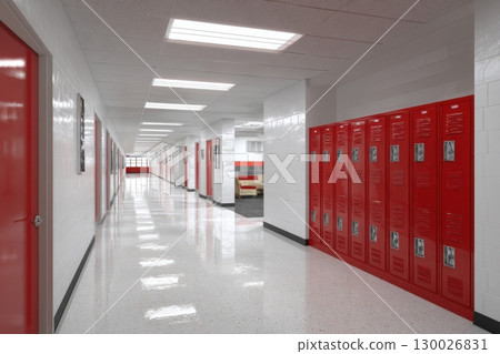 Empty school hallway and lockers with tiled floor. Long corridor in a high school with a rows of traditional metal orange lockers on both sides of the wall. Vivid bright colors. Interior no people 130026831
